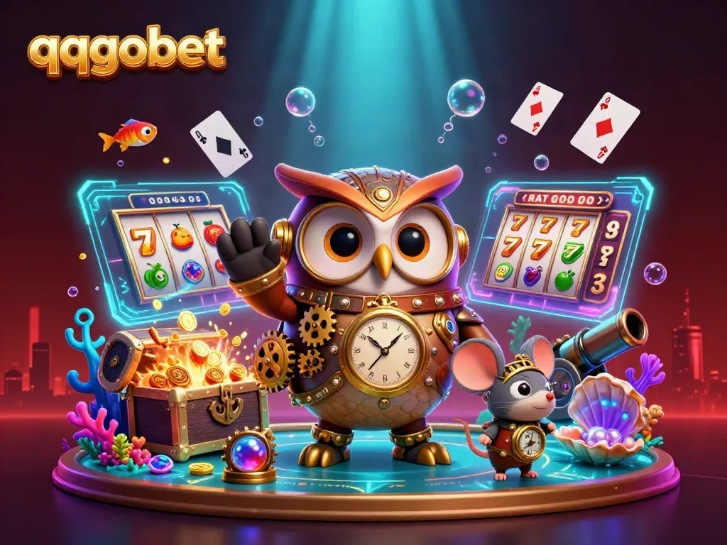 Engage with the thrilling world of qqgobet, where a time-traveler owl and mouse partner embody gaming adventures amidst vibrant casino scenes.