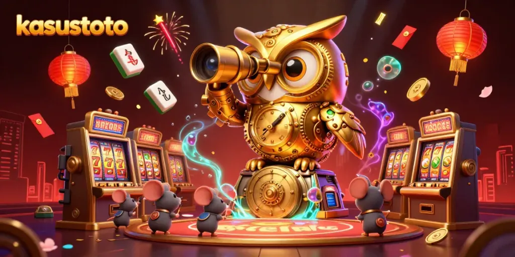 Menangkan pengalaman bermain di kasustoto dengan simbol slot yang berkilauan dan burung hantu emas berputar.