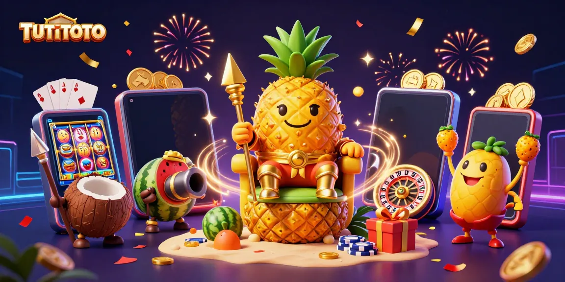 Join the gaming world with TUTITOTO, as a golden pineapple king reigns supreme over a vibrant beach casino scene.