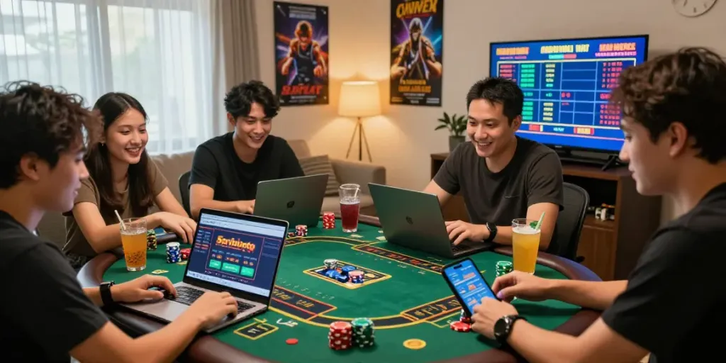 Friends enjoying online betting on Seributoto in a lively living room setting with laptops and drinks.