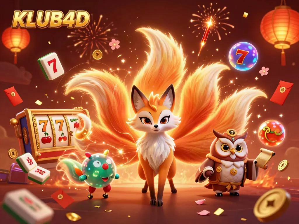 Visualisasi menarik dari KLUB4D dengan karakter kartun dan elemen judi yang meriah.