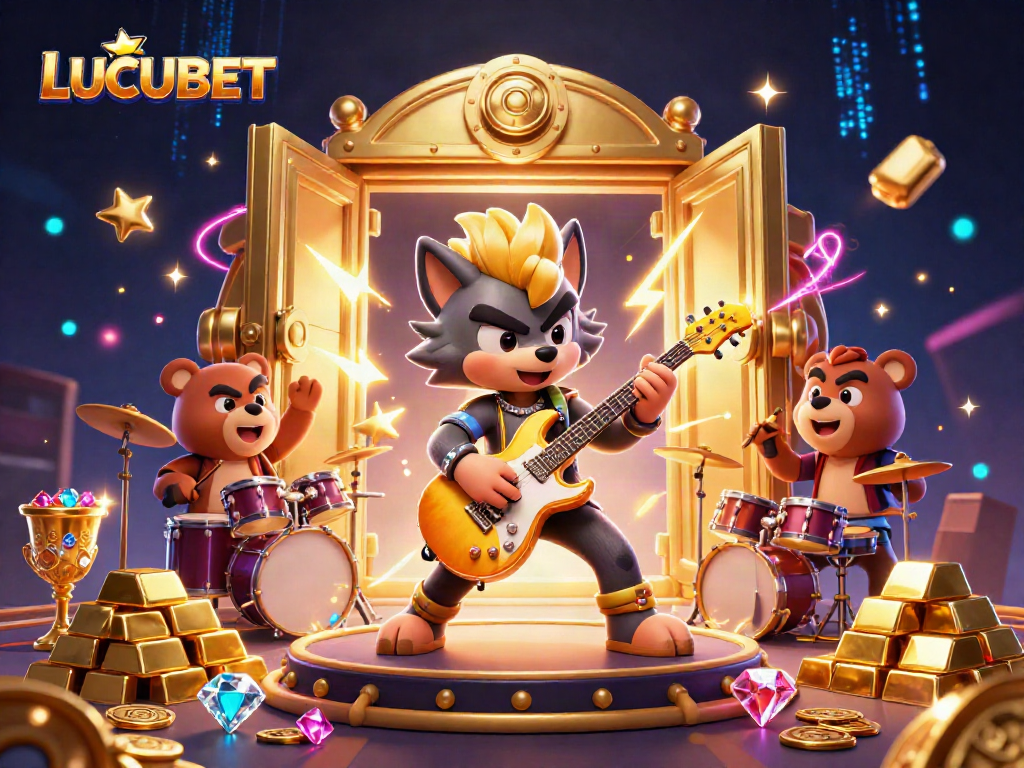 Experience the thrill of LUCUBET with a vibrant 3D casino-themed illustration featuring rock star characters and treasures.