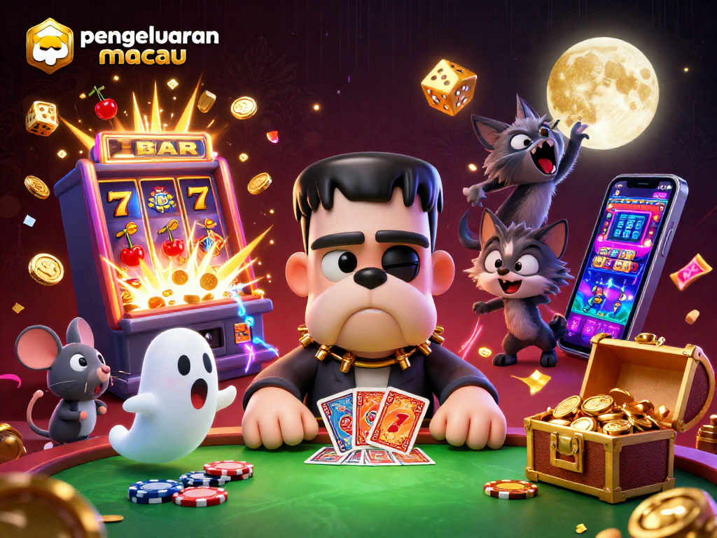 Menang besar dengan pengeluaran macau pada mesin slot, dikelilingi oleh karakter fantastis dan efek spektakuler.
