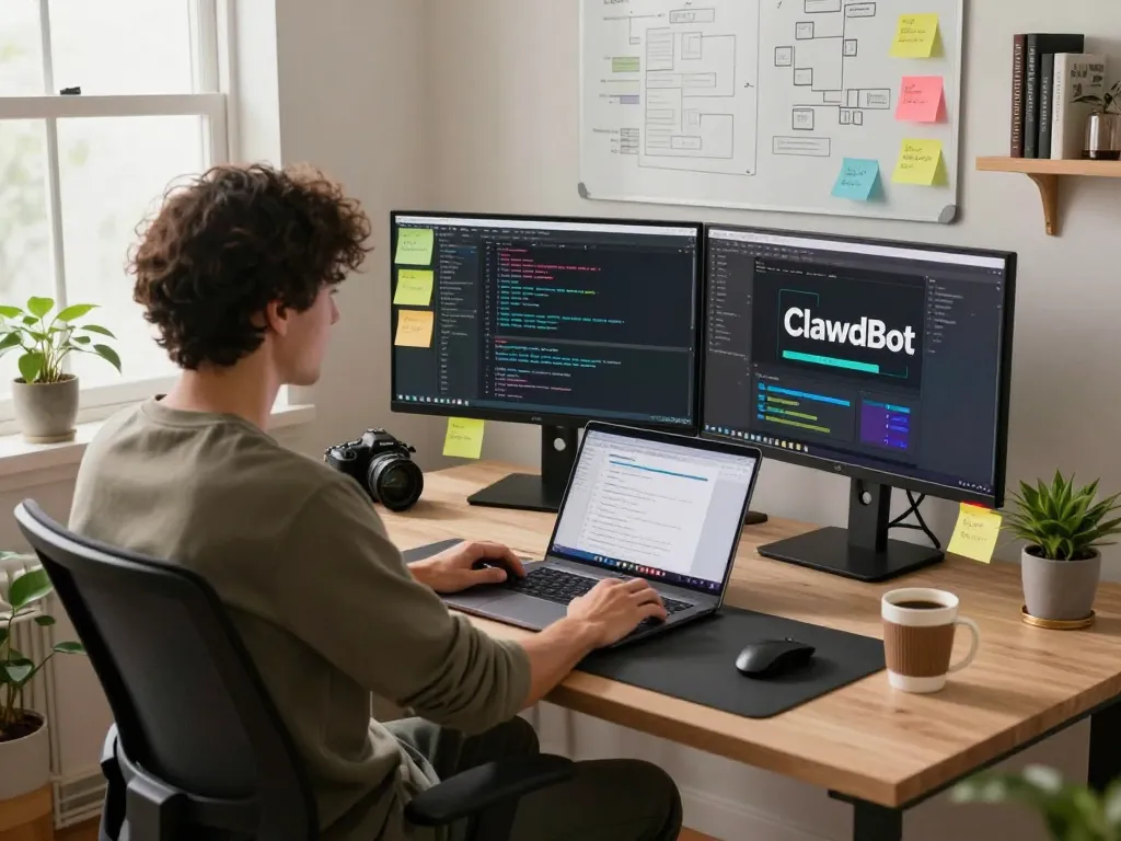 Developer using Clawdbot Mac personal assistant interface in a modern home office setting with dual monitors and coding workflow.