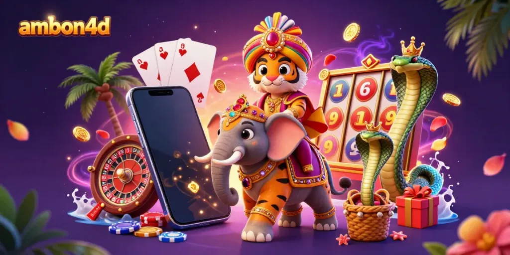 Play thrilling slot games with ambon4d, as depicted in an enchanting 3D illustration featuring a cartoon Indian tiger maharaja and his golden entourage.