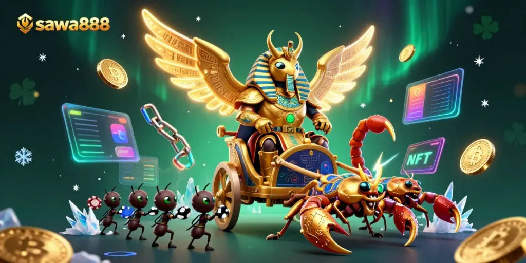 Engage with sawa888 and witness a colossal golden scarab beetle surrounded by vibrant casino elements.