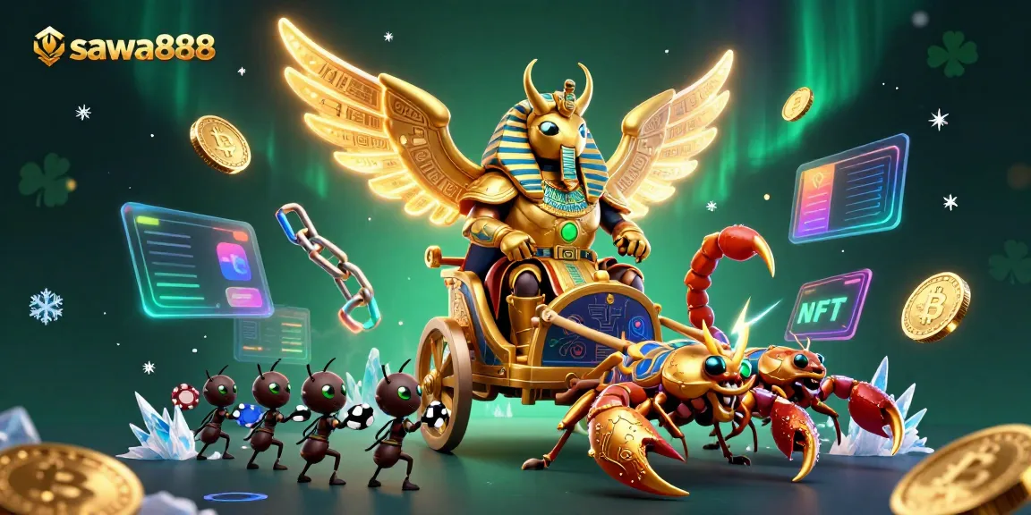Engage with sawa888 and witness a colossal golden scarab beetle surrounded by vibrant casino elements.