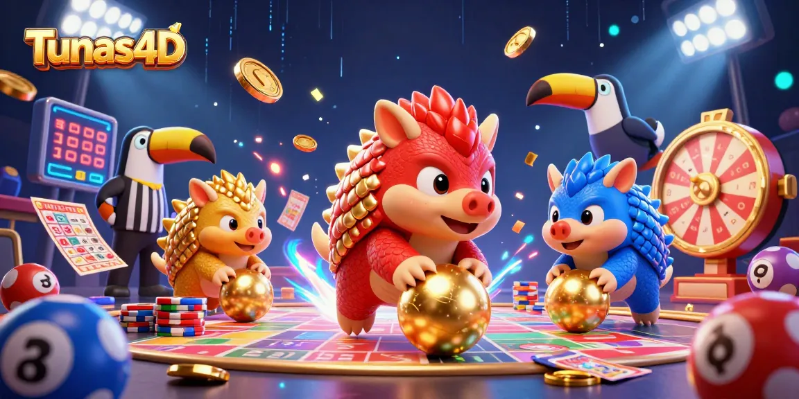 Tunas4D memutar roda hadiah dengan pangolin bertarung di atas tumpukan chip poker, menggambarkan suasana permainan togel online yang seru.