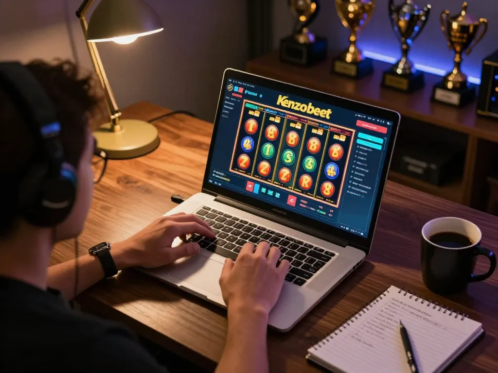 Engaging player strategizing on kenzobet slot in a focused home gaming setup.