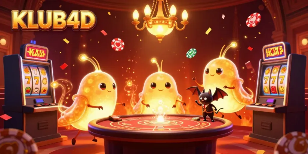Pengalaman bermain KLUB4D dengan karakter kasino yang berkilau dan slot menarik dengan konfeti.
