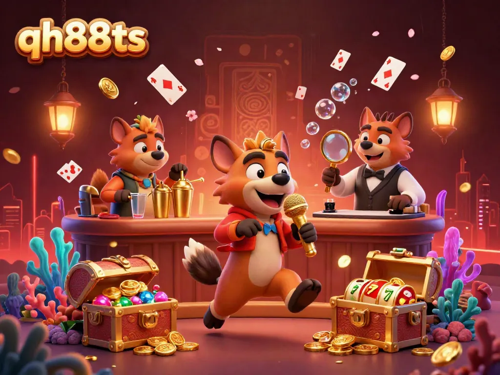Join the fun at qh88ts with hyenas in a vibrant comedy casino scene, celebrating with gold coins and sparkling gems.