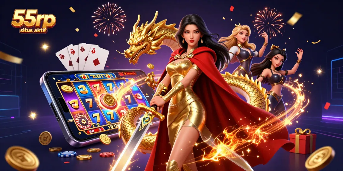 Engage with the thrilling 55rp situs aktif platform showcasing a warrior queen and golden dragon amidst vibrant casino elements.