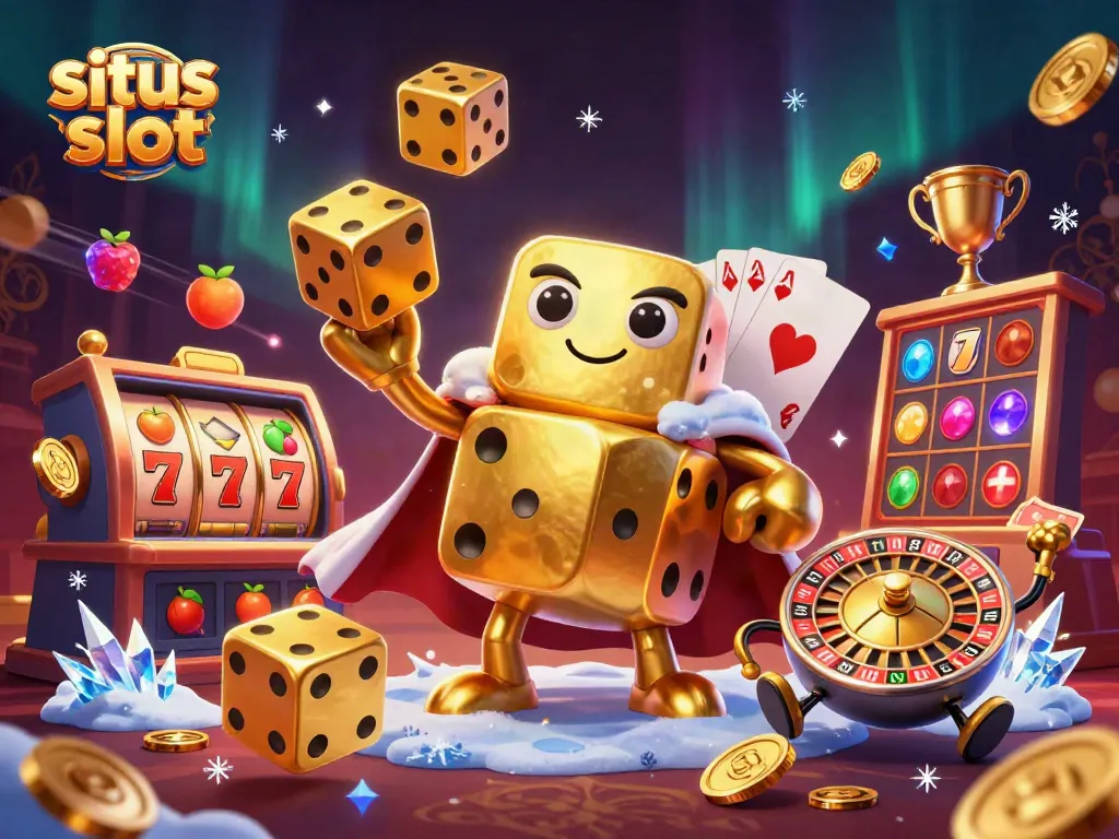 Permainan situs slot dengan karakter dadu emas dan mesin slot yang dinamis.
