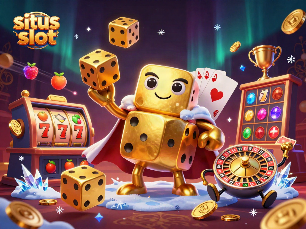 Permainan situs slot dengan karakter dadu emas dan mesin slot yang dinamis.