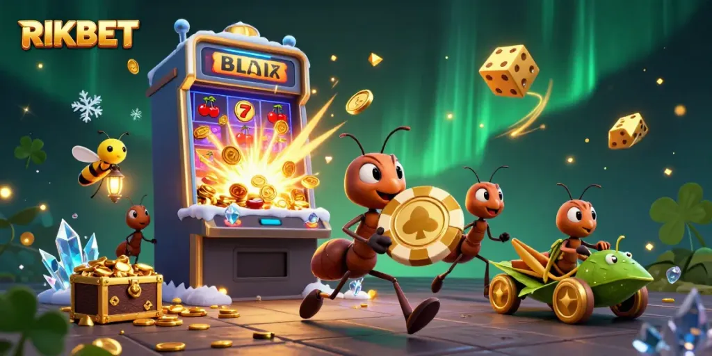 Engage in thrilling RIKBET action as ants carry a giant chip amidst dynamic casino symbols.