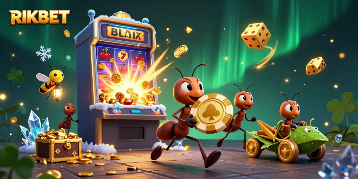 Engage in thrilling RIKBET action as ants carry a giant chip amidst dynamic casino symbols.