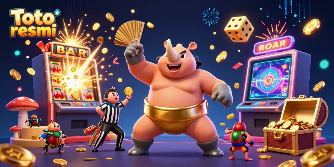 Engaging illustration of Toto resmi featuring a rhino beetle champion amidst a jackpot explosion in a vibrant casino scene.