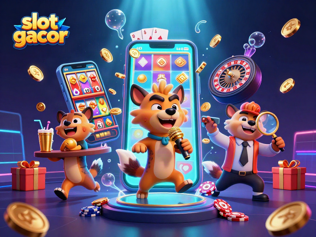 Slot gacor menampilkan hyena lucu di kasino, permainan slot yang menarik, dan suasana ceria.