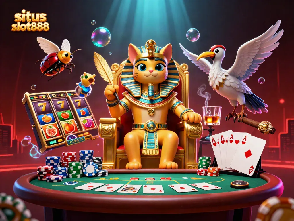 Permainan aktif situs slot888 dengan simbol slot berwarna-warni dan karakter menarik.