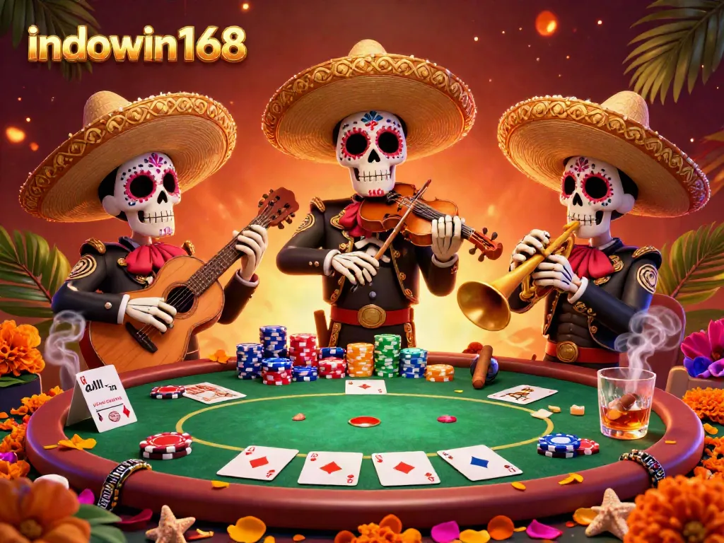 Pengalaman seru bermain poker di indowin168 bersama grup mariachi, dikelilingi tumpukan chip dan kartu.