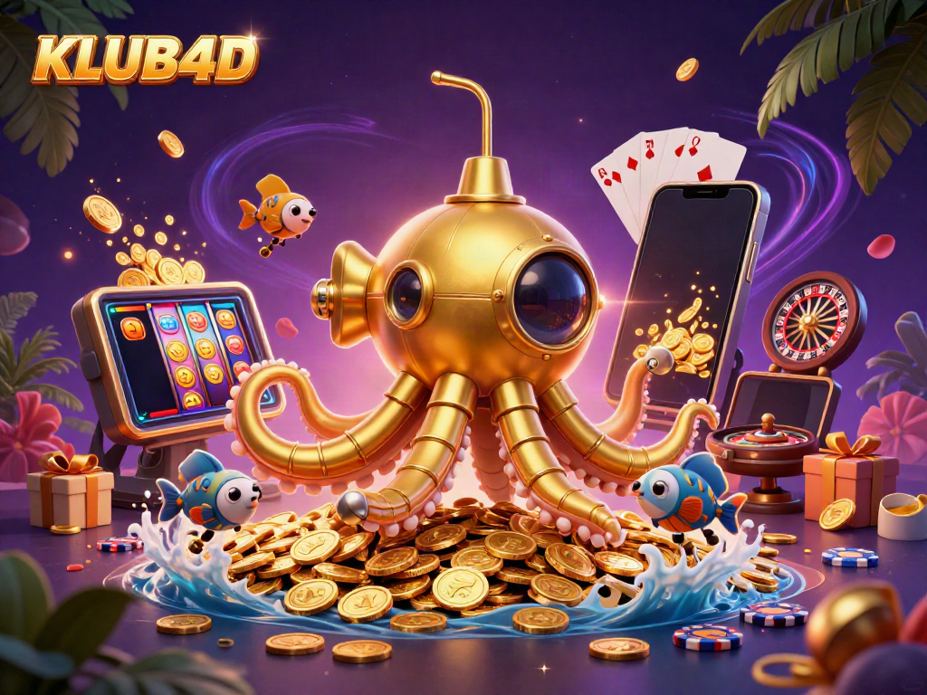 KLUB4D menyajikan ilustrasi 3D kasino dengan kraken emas dan elemen permainan slot yang menarik.