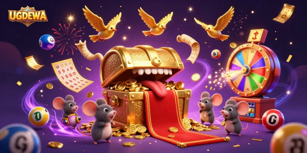 Play exciting games with UGDEWA, featuring colorful lottery elements and dazzling casino treasures.