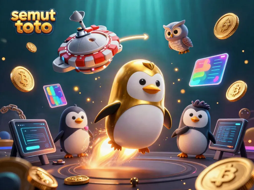 Permainan semut toto dengan penguin emas terbang melintasi luar angkasa, dikelilingi koin digital dan grafik holografis.