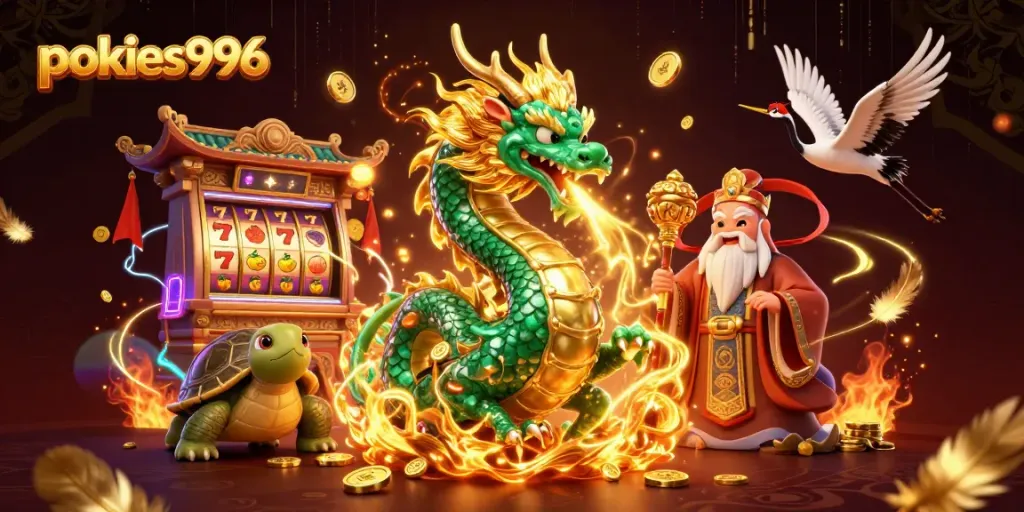 Experience pokies996 with a lively dragon, turtle sage, and lucky cranes amidst slot machines.