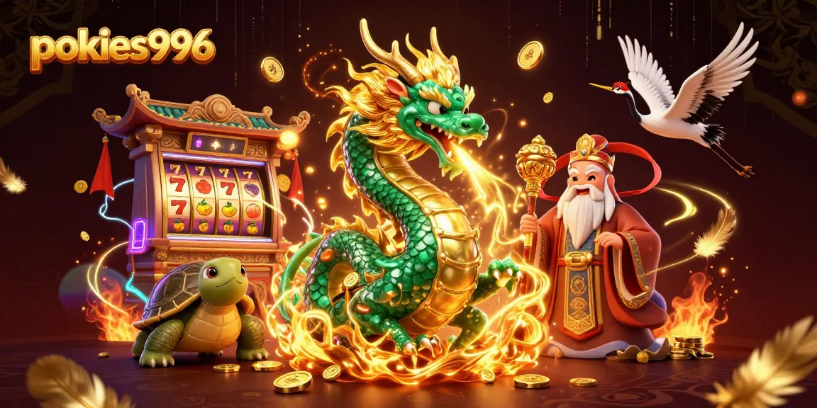 Experience pokies996 with a lively dragon, turtle sage, and lucky cranes amidst slot machines.