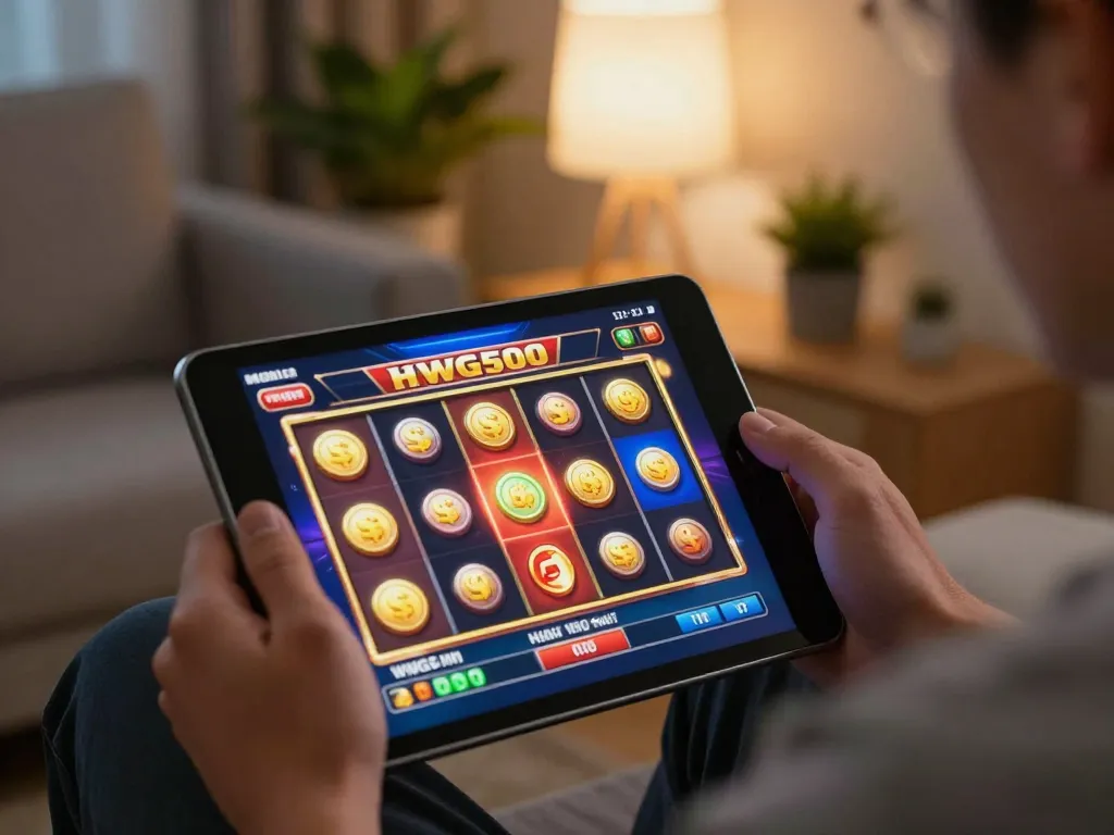 Pemain yang terlibat menikmati slot mobile hwg500, tampilan layar yang menggembirakan dengan gulungan yang cerah.