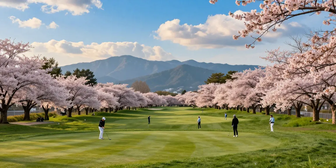 Pengalaman golf di Kato City, bro178 link alternatif, di lapangan dengan bunga sakura dan pemandangan indah.