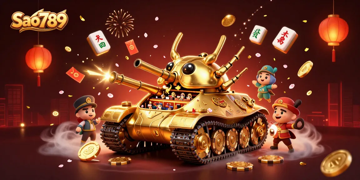 Experience the thrill of Sao789 with a dynamic casino scene featuring a golden beetle tank and festive elements.