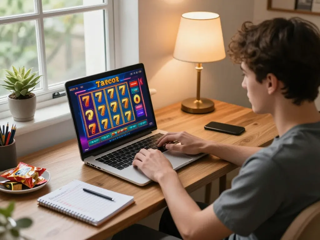 Pemain yang terlibat menikmati permainan slot777 gacor di laptop dalam suasana rumah yang nyaman, fokus pada permainan strategis.