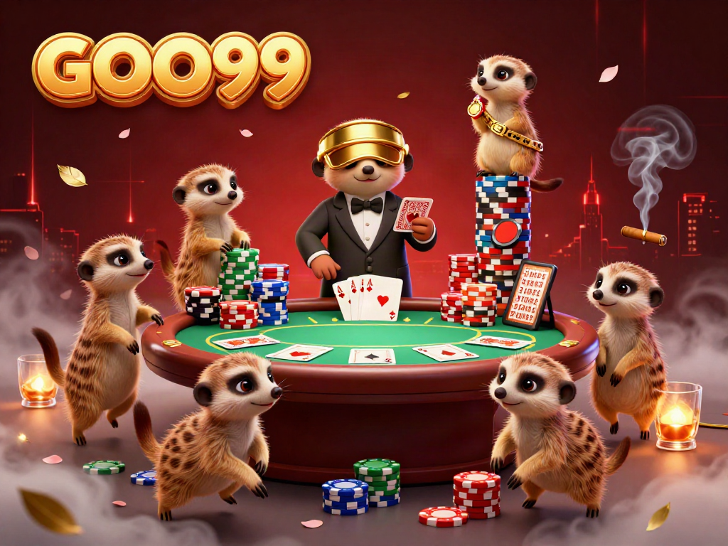 Experience thrilling poker action at GOO99 with charming meerkats in a vibrant casino setting.