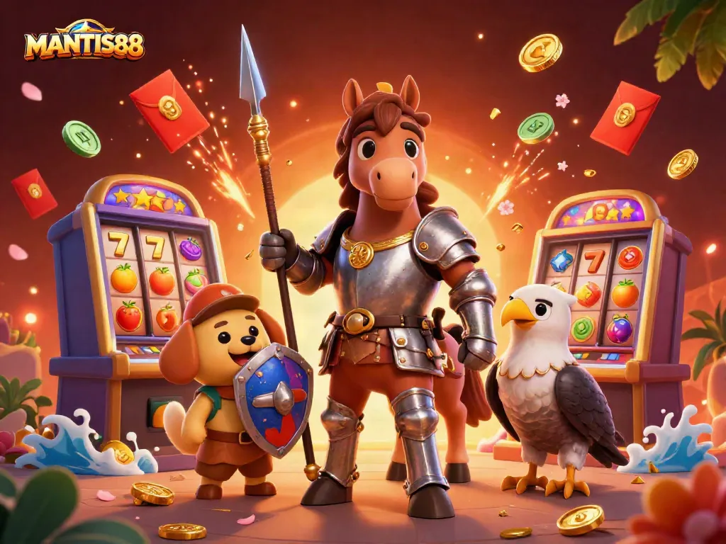 Experience the excitement at MANTIS88 with a 3D knight and puppy amidst vibrant slot machines.