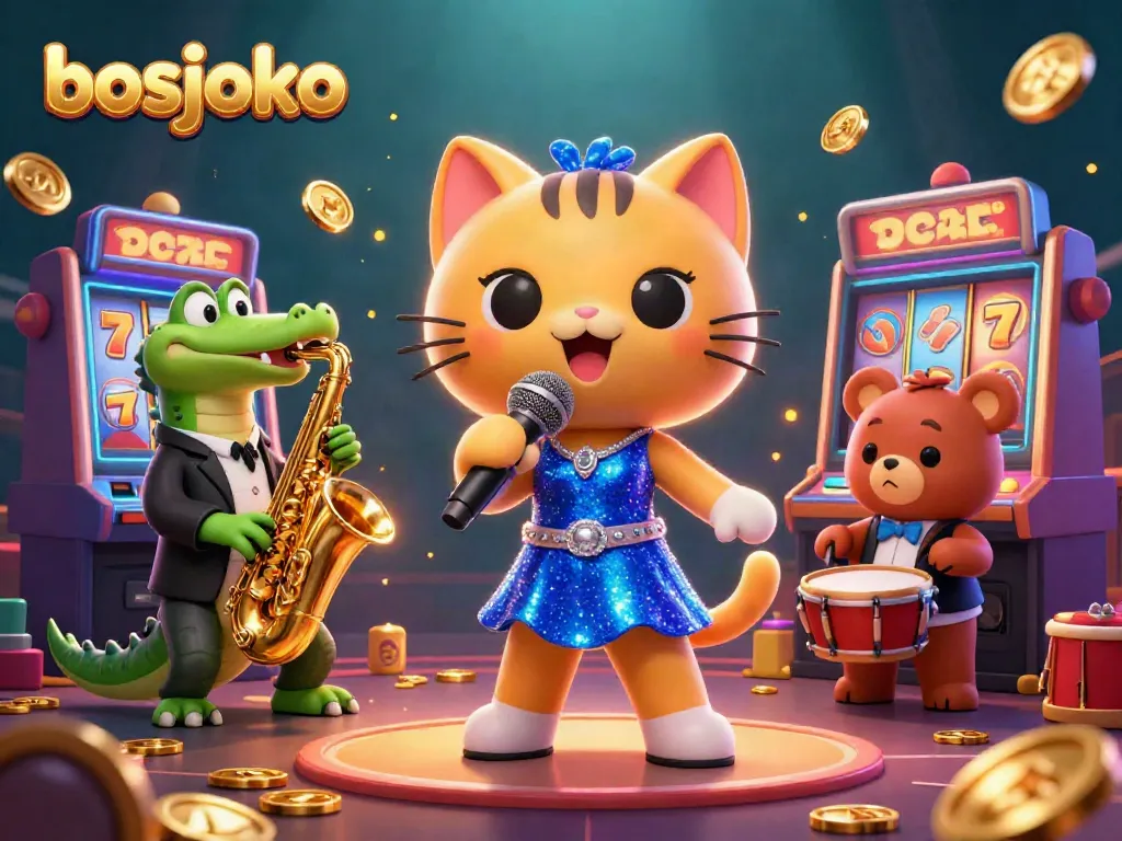 Engage with bosjoko's vibrant gambling scene featuring a jazzy cat and musical friends in a lively casino.