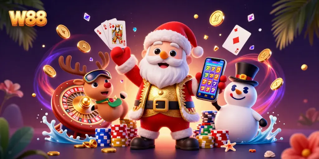 Engage in exciting W88 casino fun as Santa spins jackpot slots with festive friends.
