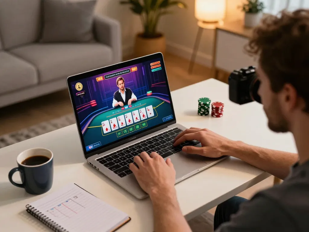 Pemain menikmati permainan blackjack langsung yang mendebarkan di ggdewa777 dengan laptop dan catatan strategi