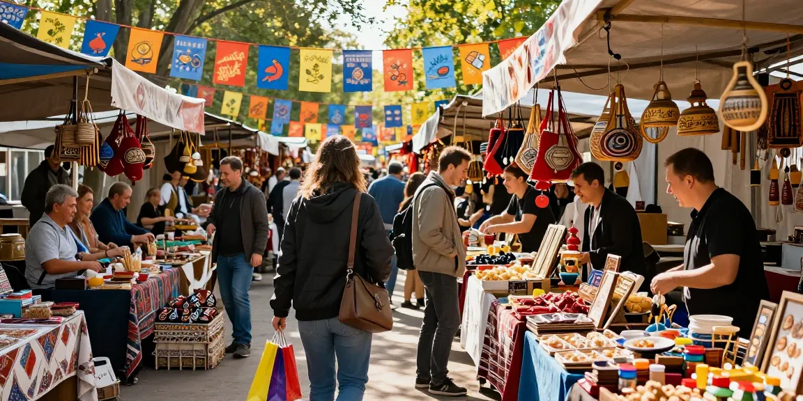 Pengunjung di pasar Rusia dengan tas belanja berwarna-warni, menemukan kerajinan lokal di https://payinrussia.com/