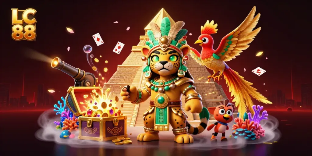 Experience the vibrant world of LC 88 with a dynamic illustration of casino-themed characters and treasures.