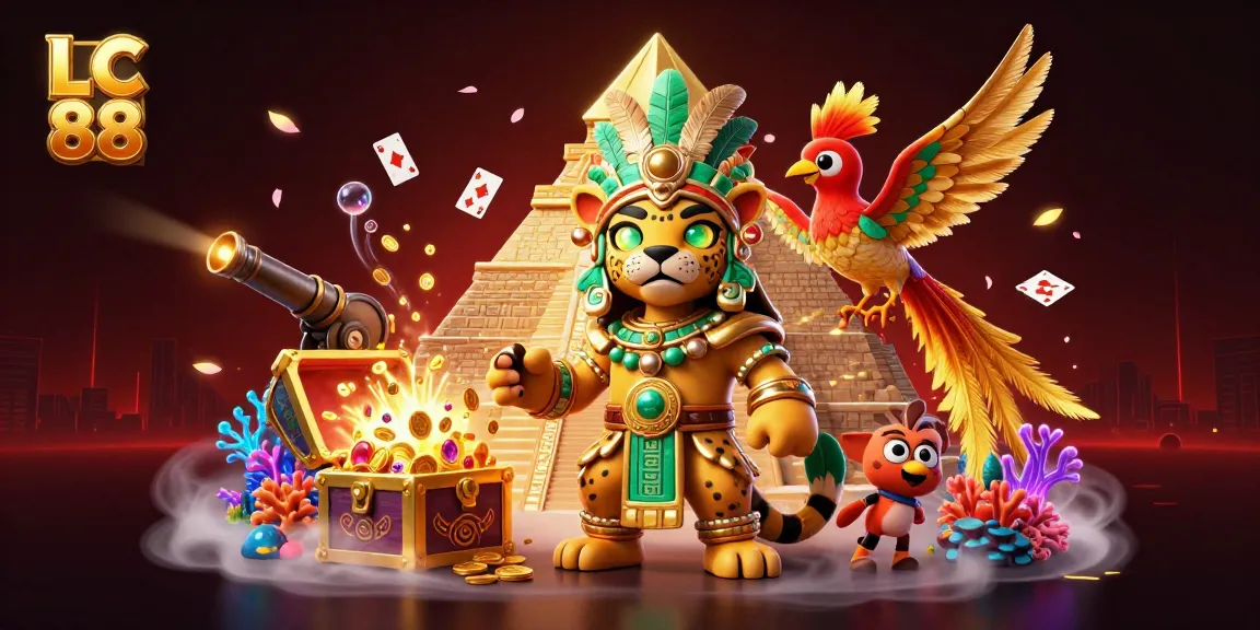 Experience the vibrant world of LC 88 with a dynamic illustration of casino-themed characters and treasures.