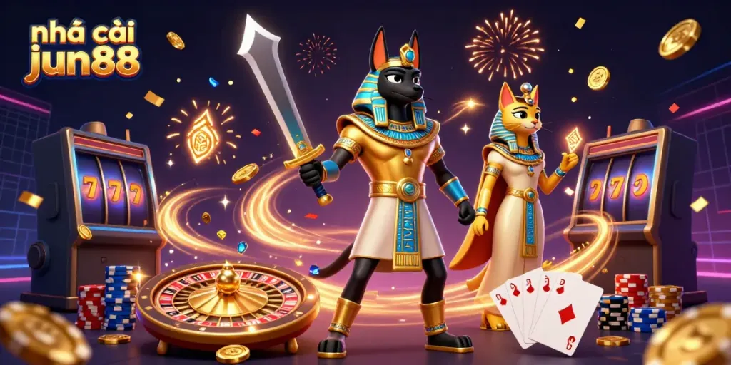 Win big at nhà cái jun88 with Anubis and Bastet amidst a casino fantasy scene.