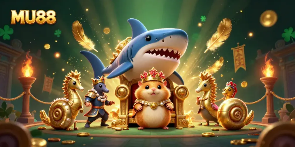 Immerse in the world of MU88 with a vibrant 3D casino scene featuring a golden hamster king on a megalodon throne.