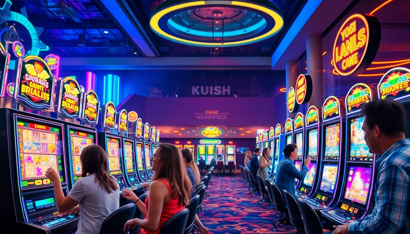 Memainkan slot di kasino dengan mesin berwarna-warni dan suasana yang hidup.