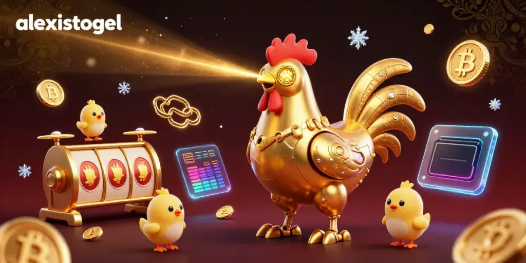 Permainan seru di alexistogel dengan robot ayam emas dan koin Bitcoin, menciptakan pengalaman taruhan yang mengasyikkan.