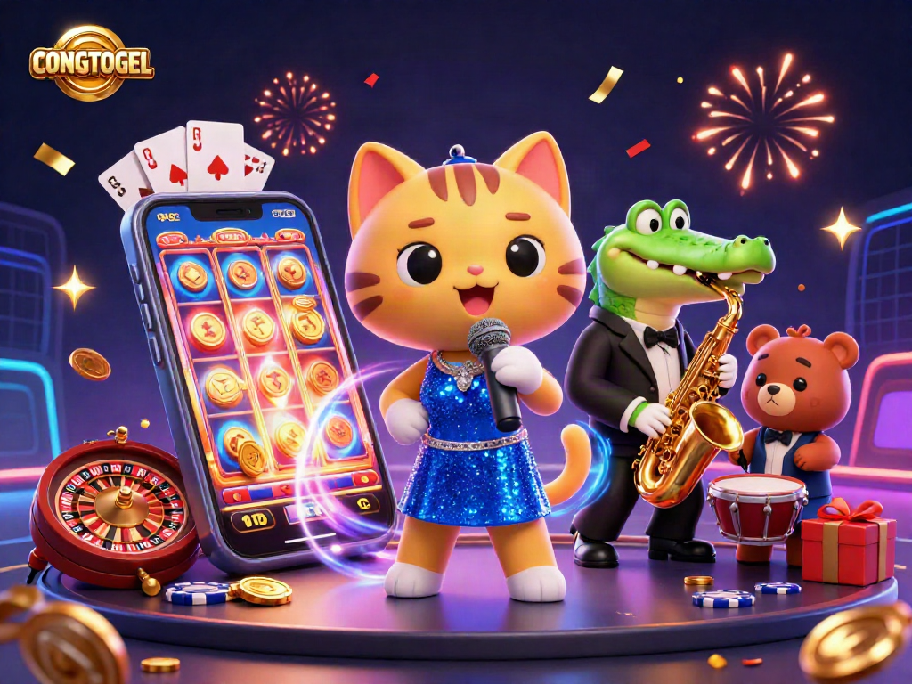 Experience exciting gameplay at CONGTOGEL with a jazz-singer cat, sax crocodile, and bear cub playing in a vibrant casino.