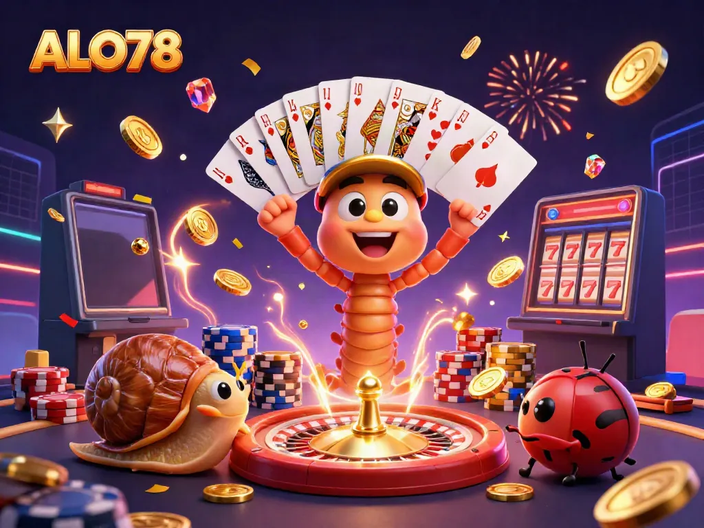 Experience immersive casino thrill with ALO78 as a cartoon millipede dealer showcases games in vibrant 3D.
