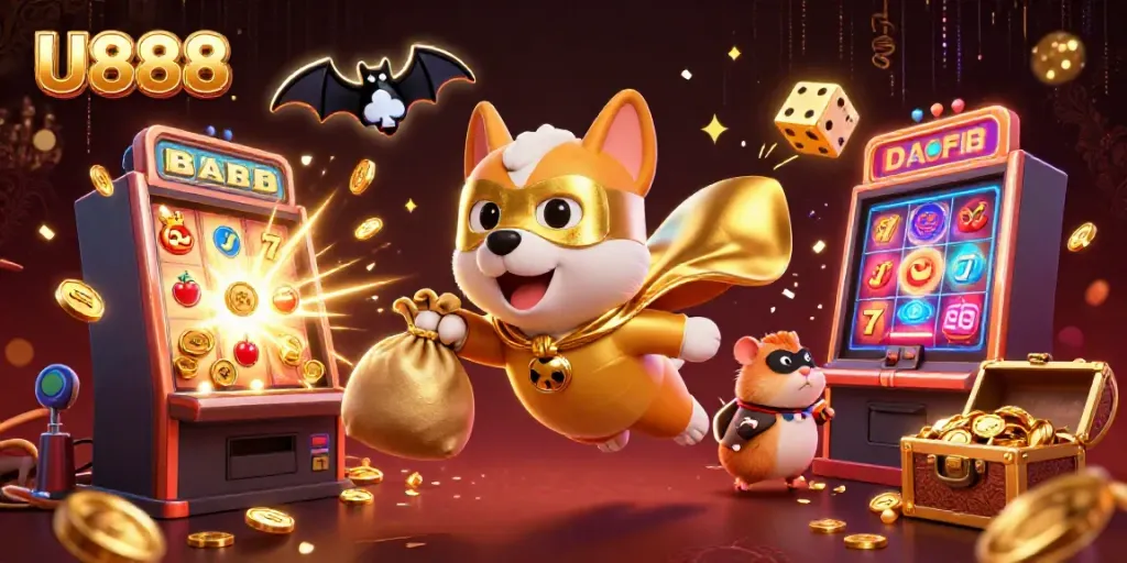 Experience U888 with a superhero dog and hamster amidst vibrant casino elements and golden treasures.