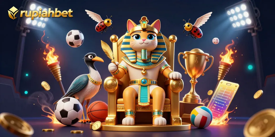 Rupiahbet brings excitement with a vibrant 3D casino scene featuring an Egyptian pharaoh cat and sports elements.