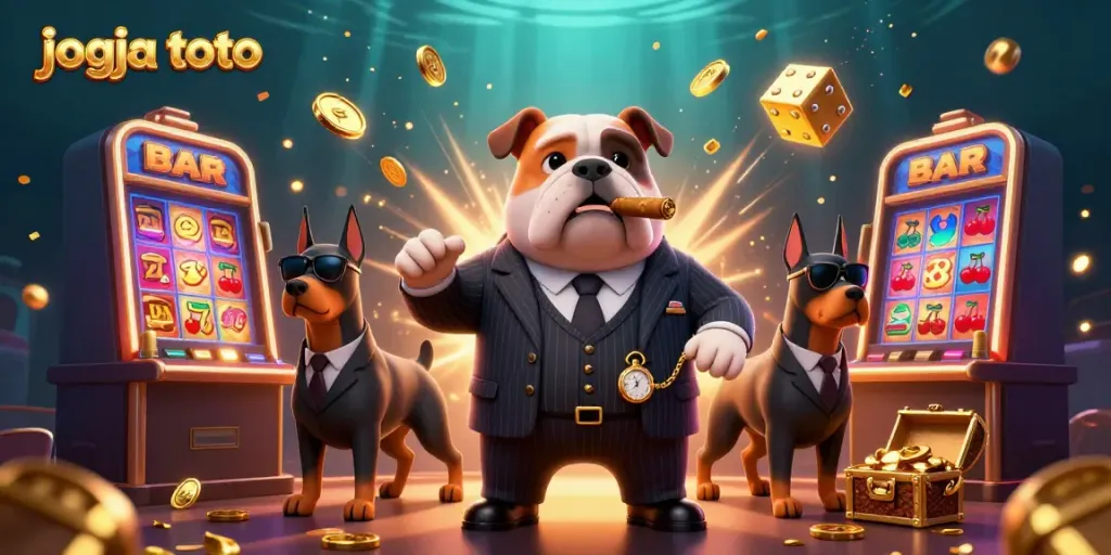 Experience the thrill of jogja toto with a vibrant 3D illustration featuring a mafia bulldog and casino games.